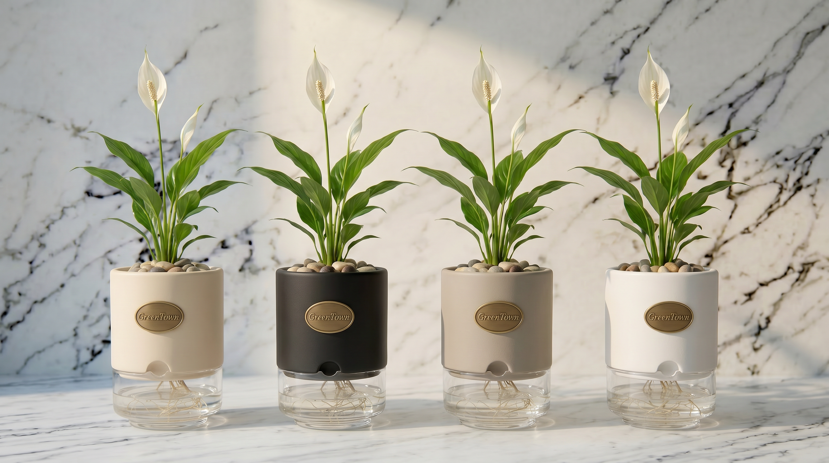 Four identical GreenTown vases in a row on a honed Carrara marble surface, showing the four collar finishes in order: matte cream, matte black, matte warm stone-grey and matte white. Each squat cylindrical collar has a small scalloped inlet at its bottom-front, a pressed antique-brass GreenTown medallion on the front face, and holds a single-stem Peace Lily with pebbles in the top collar and fine roots in the clear water below.