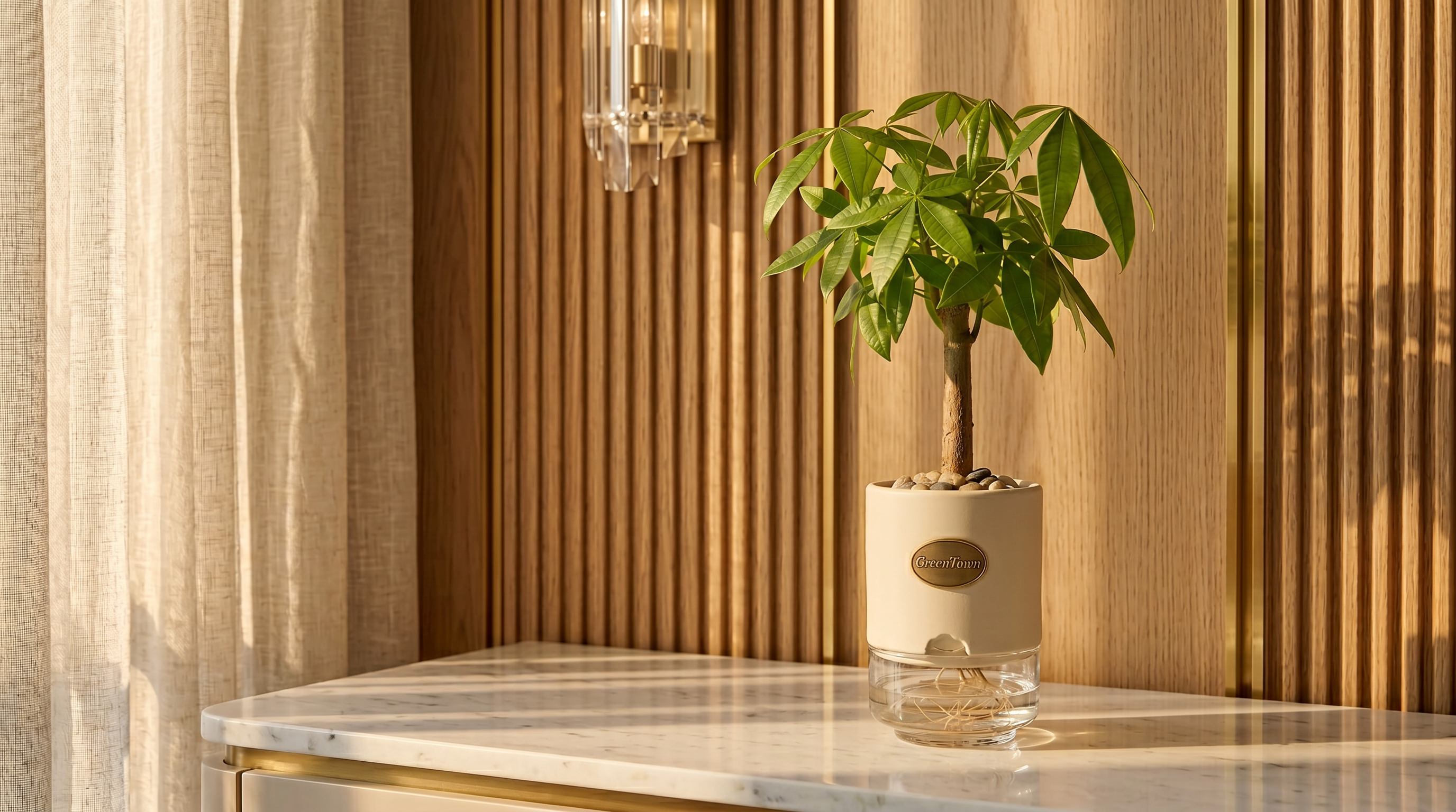A single-trunk Money Tree in a matte cream-collar vase on a polished white Carrara marble console in a luxury Dubai interior. Fluted oak paneling with polished brass inlays and a crystal sconce soften the background. The squat cylindrical ceramic collar sits on a short crystal-clear glass reservoir, with pebbles inside the top collar and fine roots visible in the clear water below. A small refined scalloped inlet is cut into the bottom-front of the collar, and a pressed antique-brass GreenTown medallion is set into its front face.