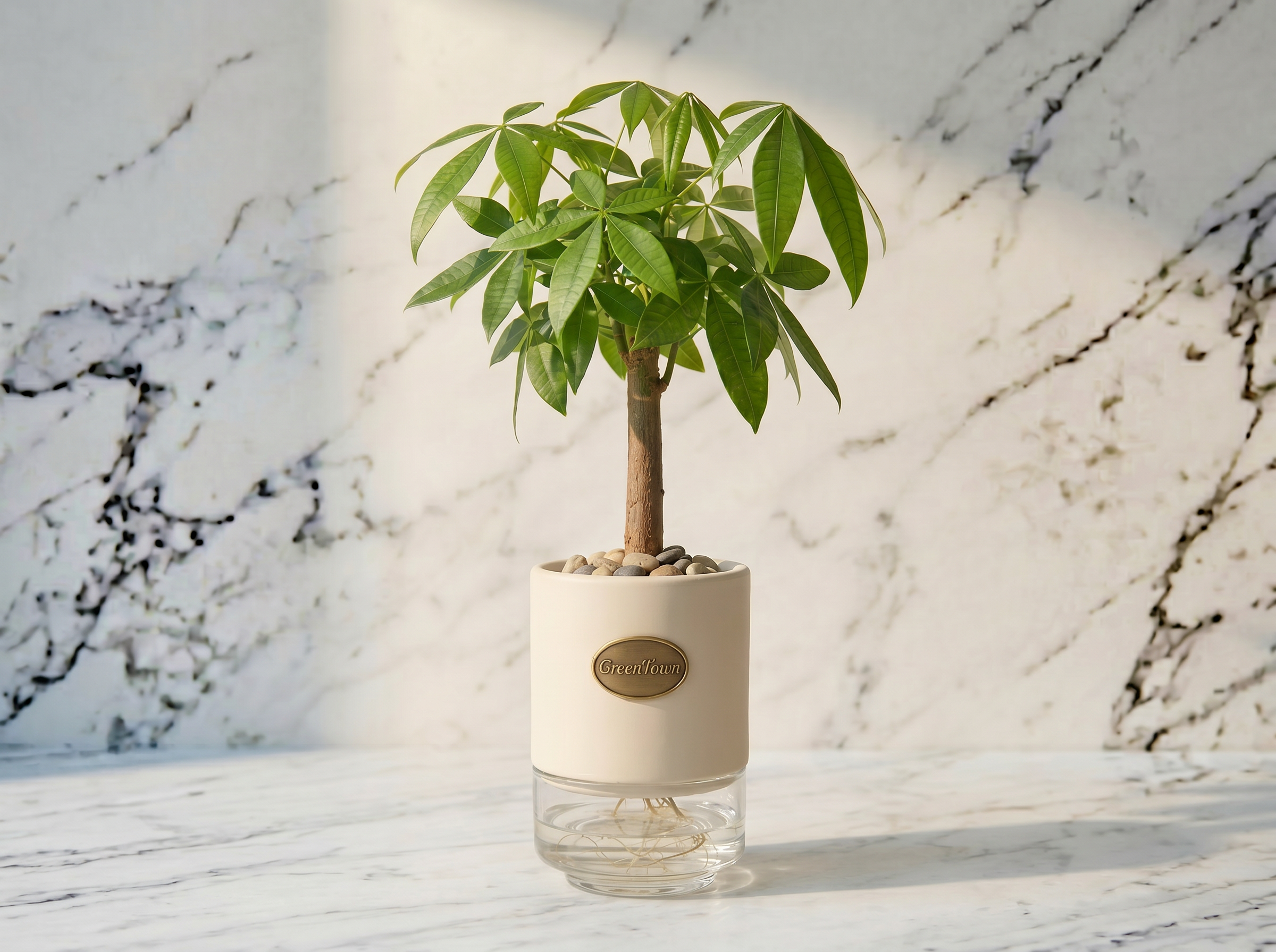 A Money Tree (Pachira) with a single upright trunk and a canopy of bright green palmate leaves in the GreenTown signature vase, photographed on a honed Carrara marble surface. Matte cream cylindrical collar at the top of a squat crystal-clear glass reservoir; pebbles in the collar top, fine roots visible in the clear water below. A small scalloped water-and-airflow inlet at the bottom-front of the collar; a pressed antique-brass GreenTown medallion on the collar front face.