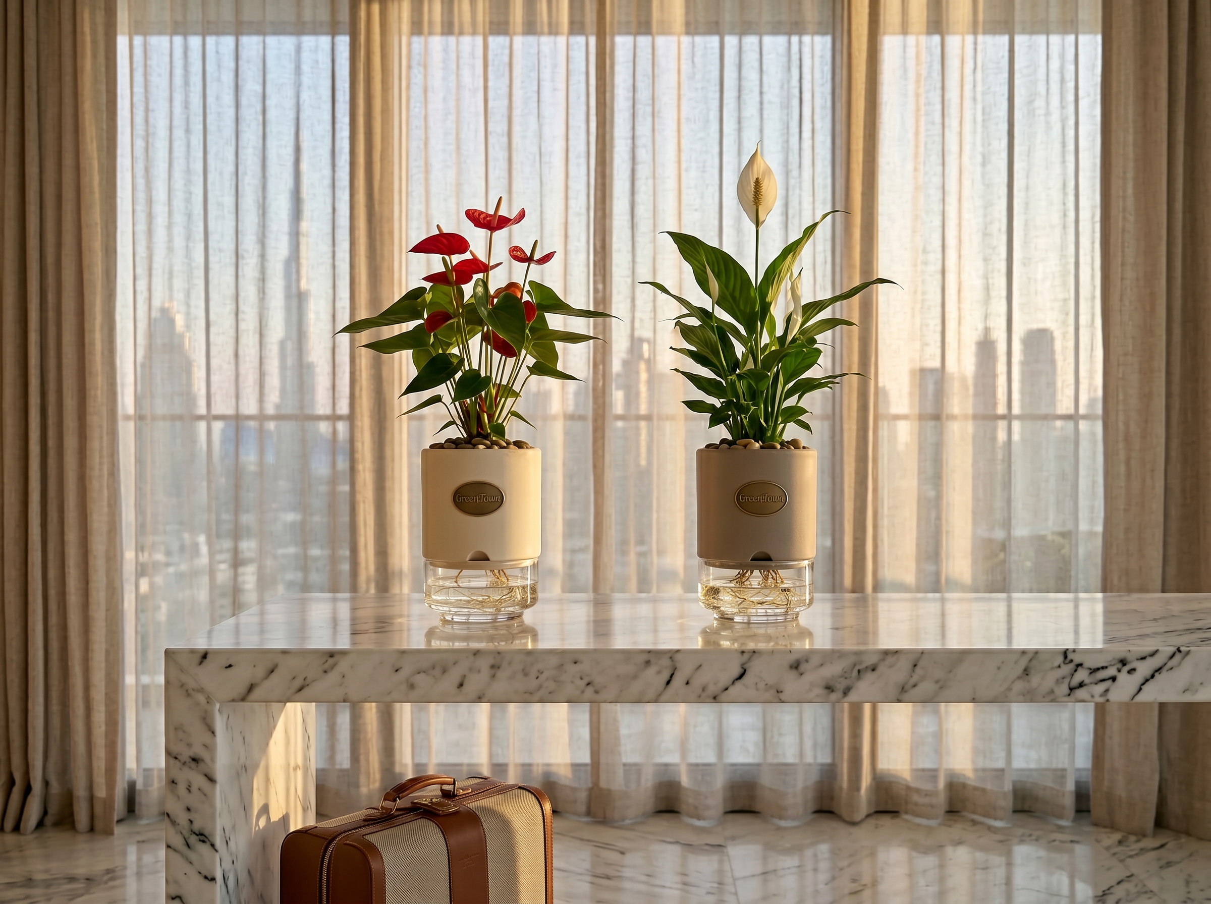 Two GreenTown vases on a polished white Carrara marble console in a quiet, unoccupied Dubai penthouse at golden hour. A red Anthurium in a matte cream-collar vase and a Peace Lily in flower in a matte warm stone-grey-collar vase, both healthy and upright on their own. Each squat cylindrical collar has a small scalloped inlet at its bottom-front and a pressed antique-brass GreenTown medallion on the front face; pebbles sit inside each top collar and fine roots are visible in the clear water below. A carry-on suitcase rests at the base of the console; sheer linen curtains reveal the Dubai skyline and the Burj Khalifa beyond.